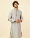 alt message - Manyavar Men Blue Grey Buta Printed Kurta Set image number 0