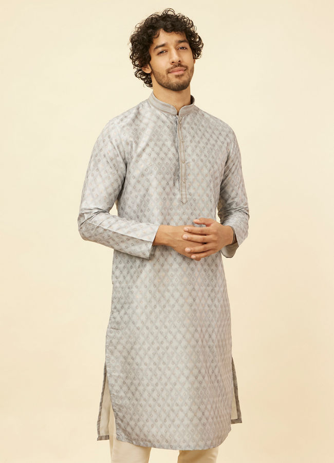 alt message - Manyavar Men Blue Grey Buta Printed Kurta Set image number 0