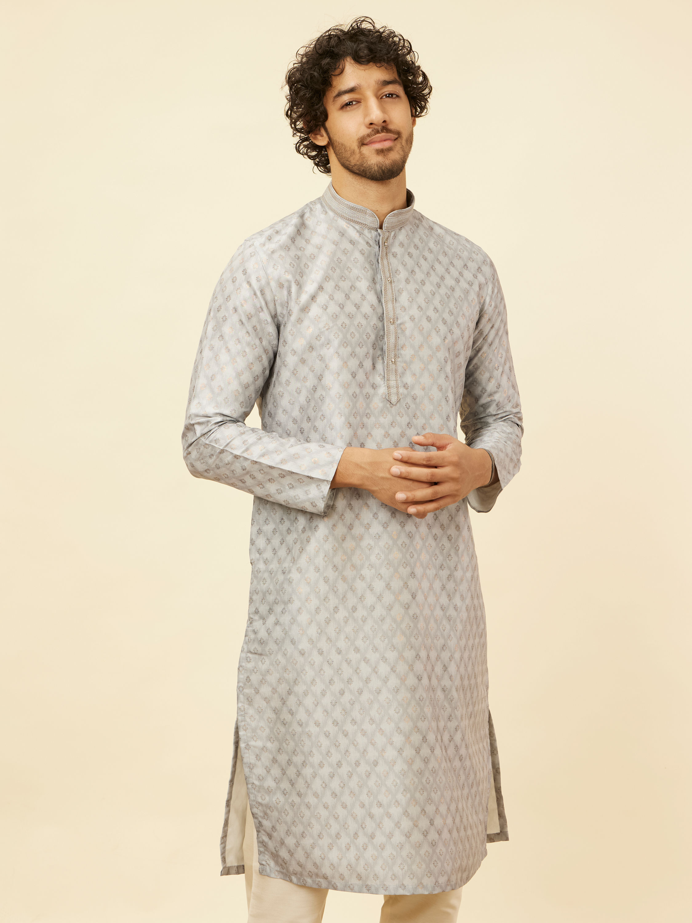 Manyavar Men Blue Grey Buta Printed Kurta Set