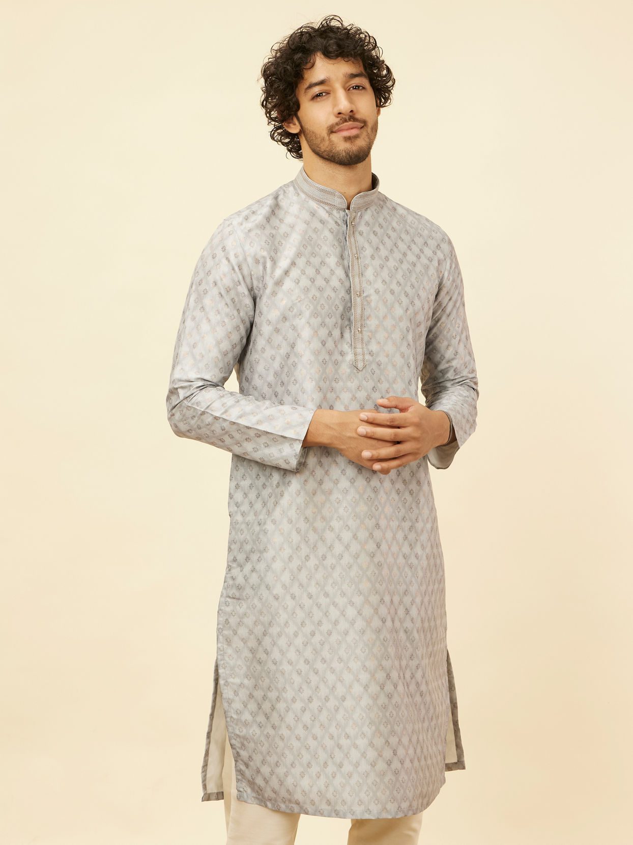 alt message - Manyavar Men Blue Grey Buta Printed Kurta Set image number 0