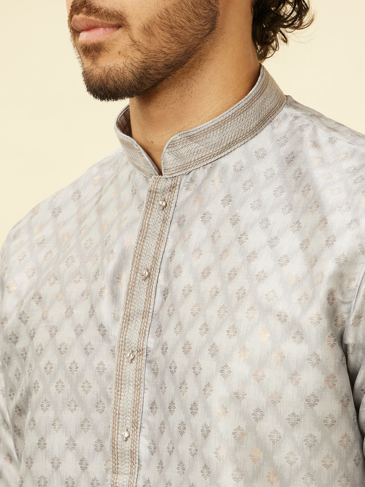 alt message - Manyavar Men Blue Grey Buta Printed Kurta Set image number 1