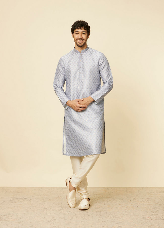 alt message - Manyavar Men Light Grey Grid Patterned Kurta Set image number 2