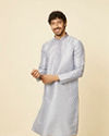 alt message - Manyavar Men Light Grey Grid Patterned Kurta Set image number 0