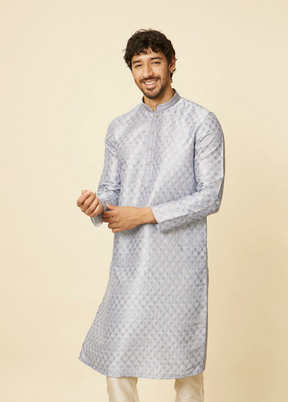 Manyavar Men Light Grey Grid Patterned Kurta Set