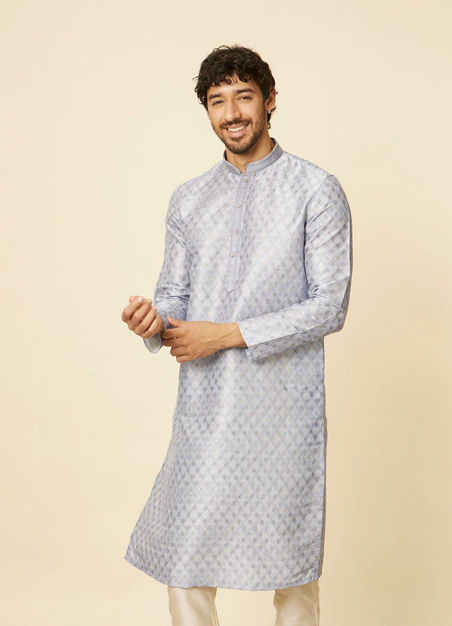 alt message - Manyavar Men Light Grey Grid Patterned Kurta Set image number 0