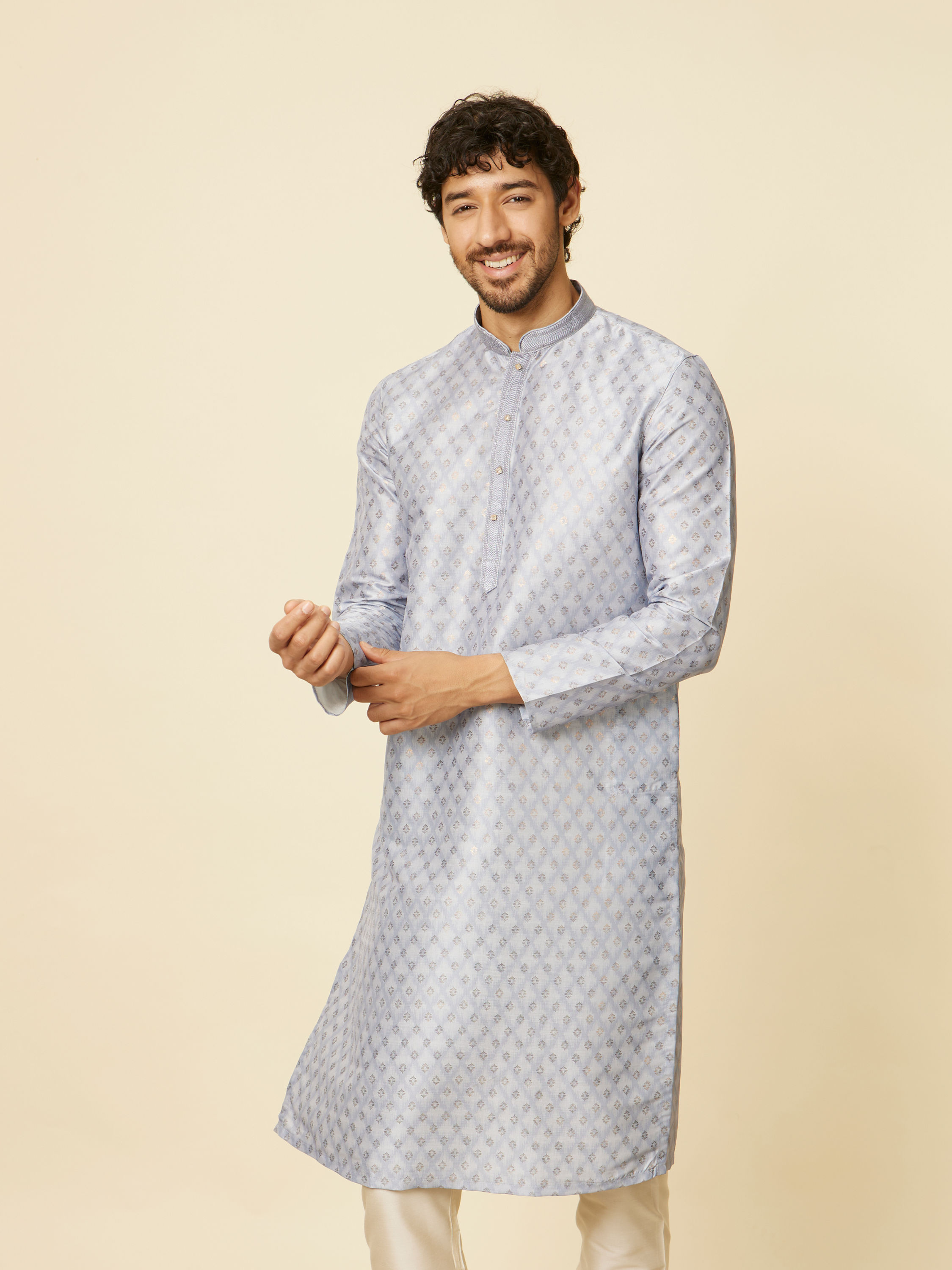 Manyavar Men Light Grey Grid Patterned Kurta Set