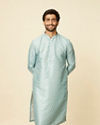 alt message - Manyavar Men Aqua Green Grid Patterned Kurta Set image number 0