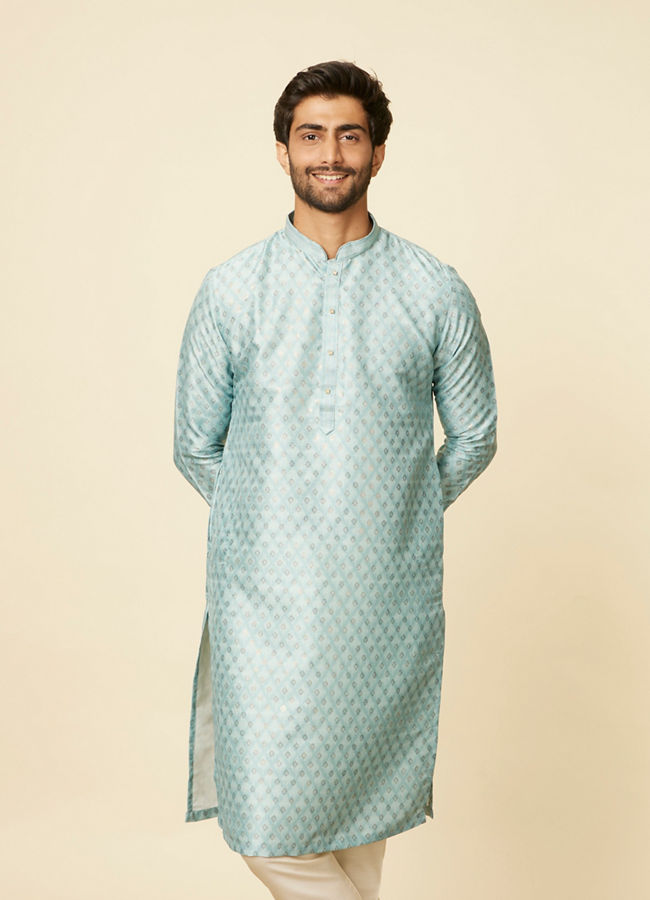 alt message - Manyavar Men Aqua Green Grid Patterned Kurta Set image number 0