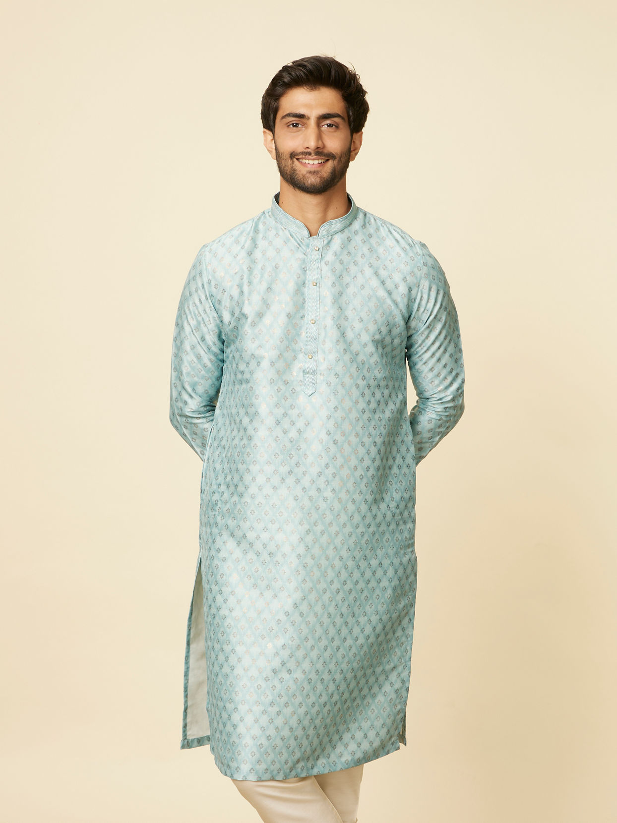 alt message - Manyavar Men Aqua Green Grid Patterned Kurta Set image number 0