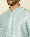 alt message - Manyavar Men Aqua Green Grid Patterned Kurta Set image number 1