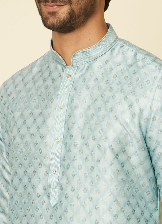 alt message - Manyavar Men Aqua Green Grid Patterned Kurta Set image number 1