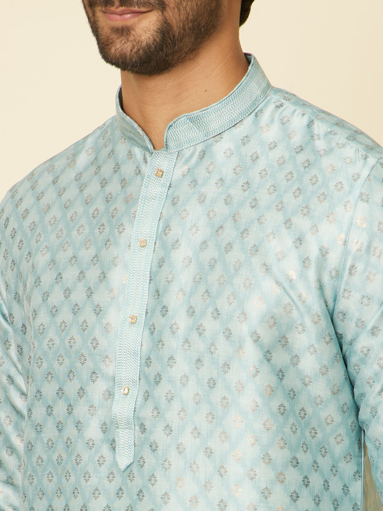 alt message - Manyavar Men Aqua Green Grid Patterned Kurta Set image number 1