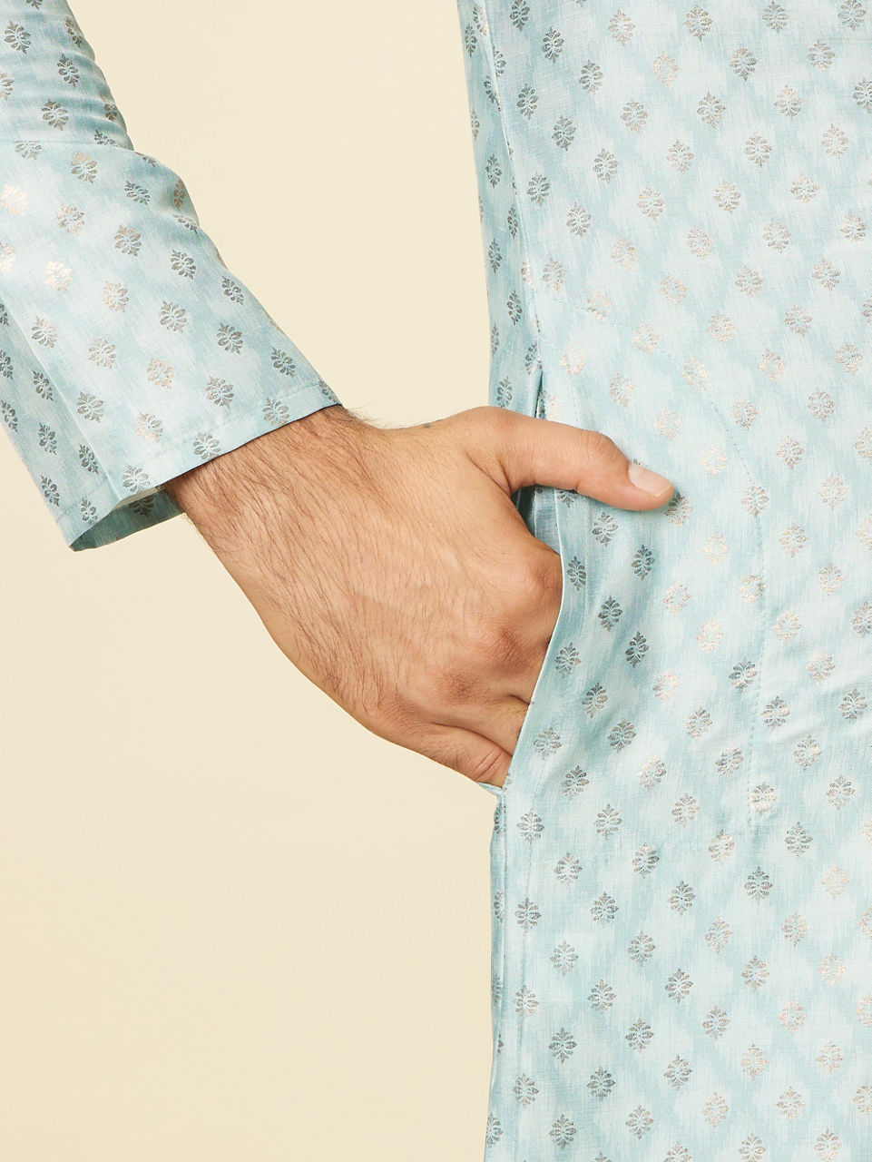 Manyavar Men Aqua Green Grid Patterned Kurta Set