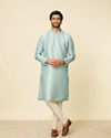 alt message - Manyavar Men Aqua Green Grid Patterned Kurta Set image number 2