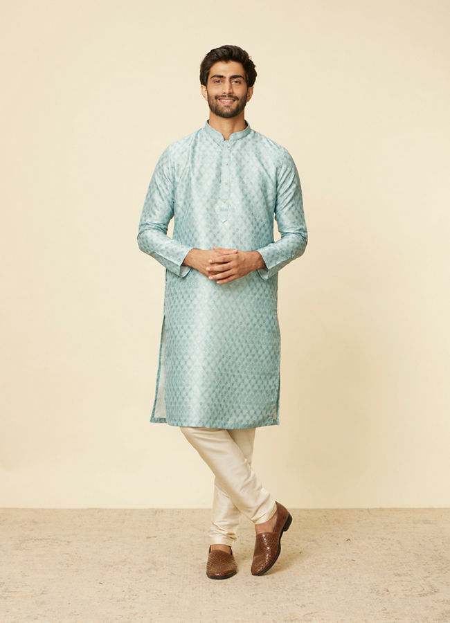 alt message - Manyavar Men Aqua Green Grid Patterned Kurta Set image number 2