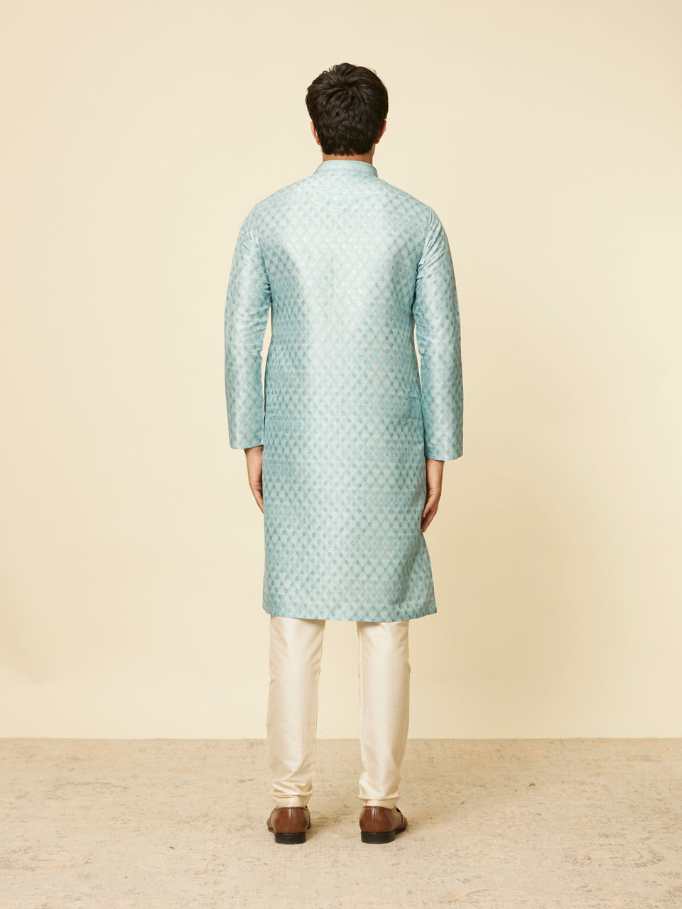 Manyavar Men Aqua Green Grid Patterned Kurta Set
