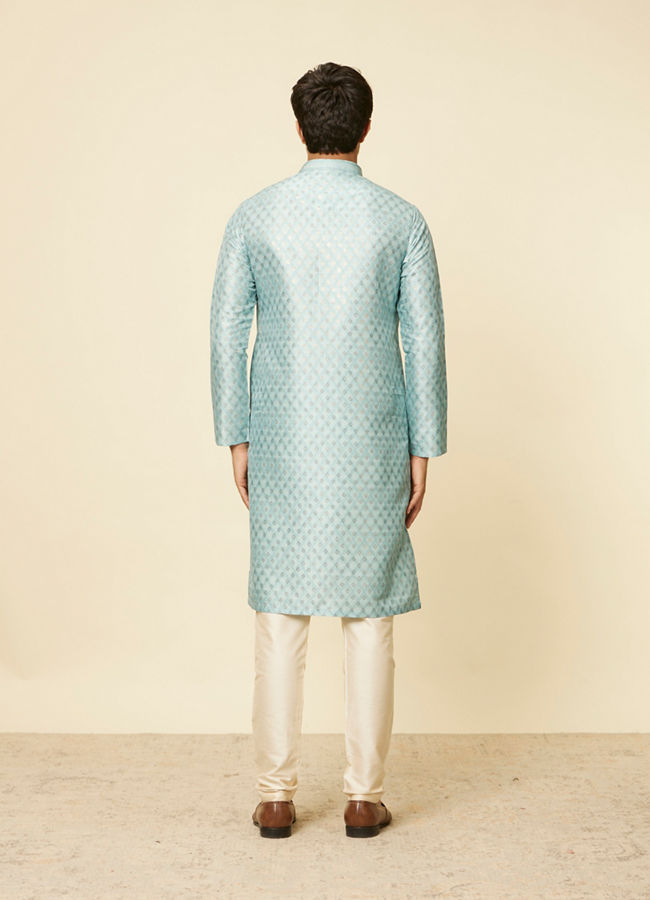 alt message - Manyavar Men Aqua Green Grid Patterned Kurta Set image number 4