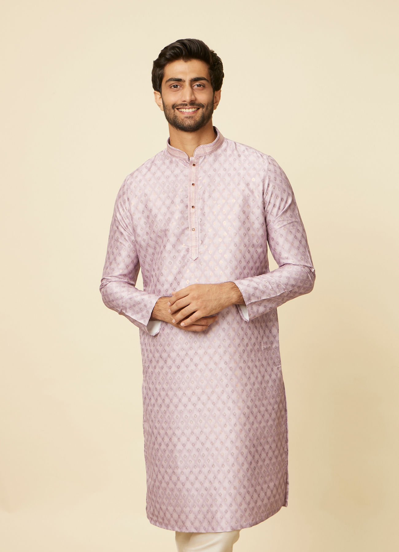 Manyavar Men Dusty Pink Grid Patterned Kurta Set