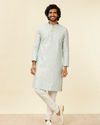 alt message - Manyavar Men Light Blue Medallion Patterned Kurta Set image number 2