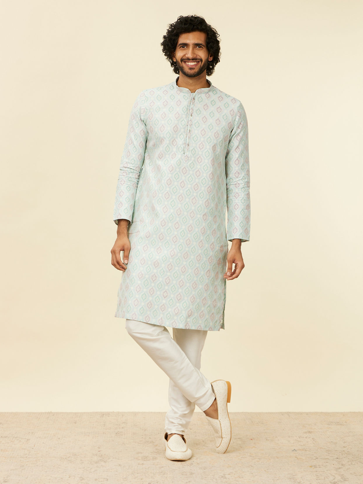 Manyavar Men Light Blue Medallion Patterned Kurta Set
