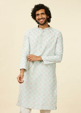 alt message - Manyavar Men Light Blue Medallion Patterned Kurta Set image number 0