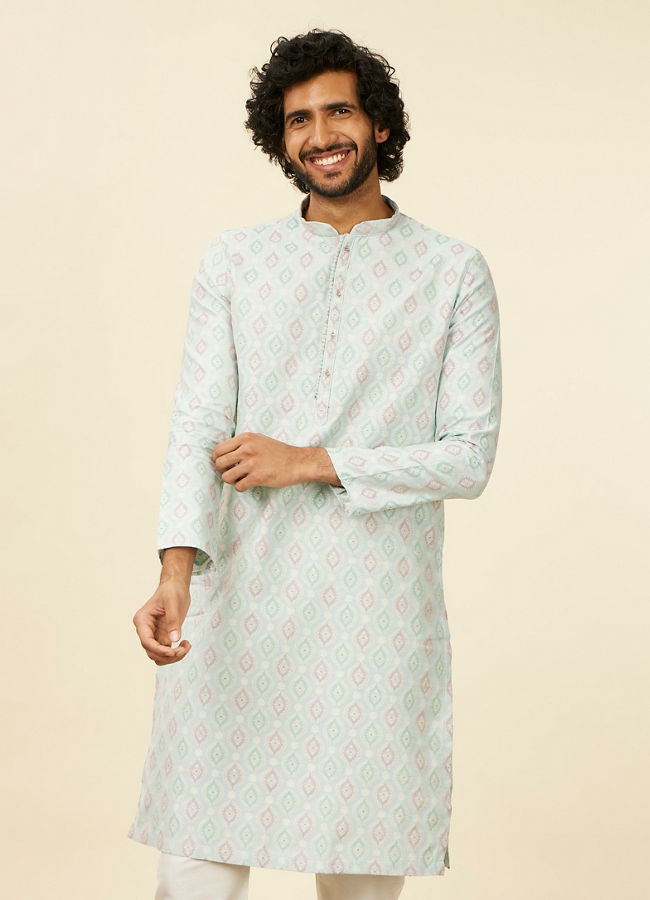 alt message - Manyavar Men Light Blue Medallion Patterned Kurta Set image number 0