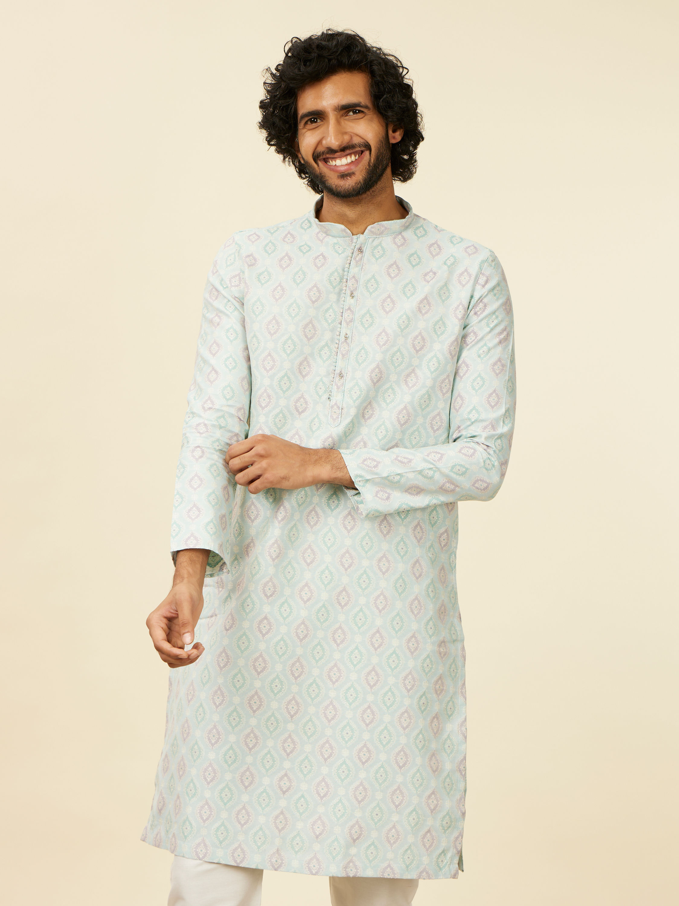 Manyavar Men Light Blue Medallion Patterned Kurta Set