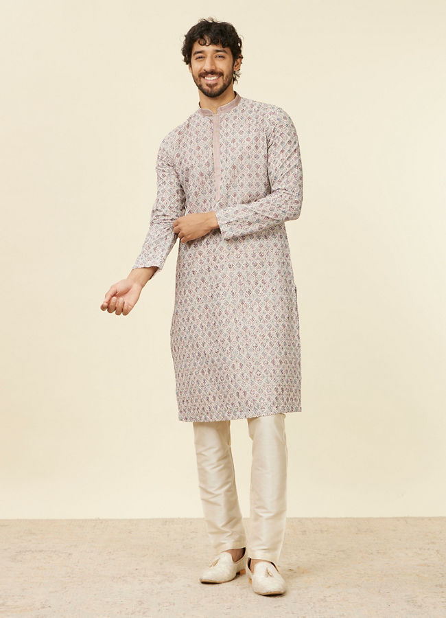 Manyavar Men Beige Pink Chikankari Kurta Set