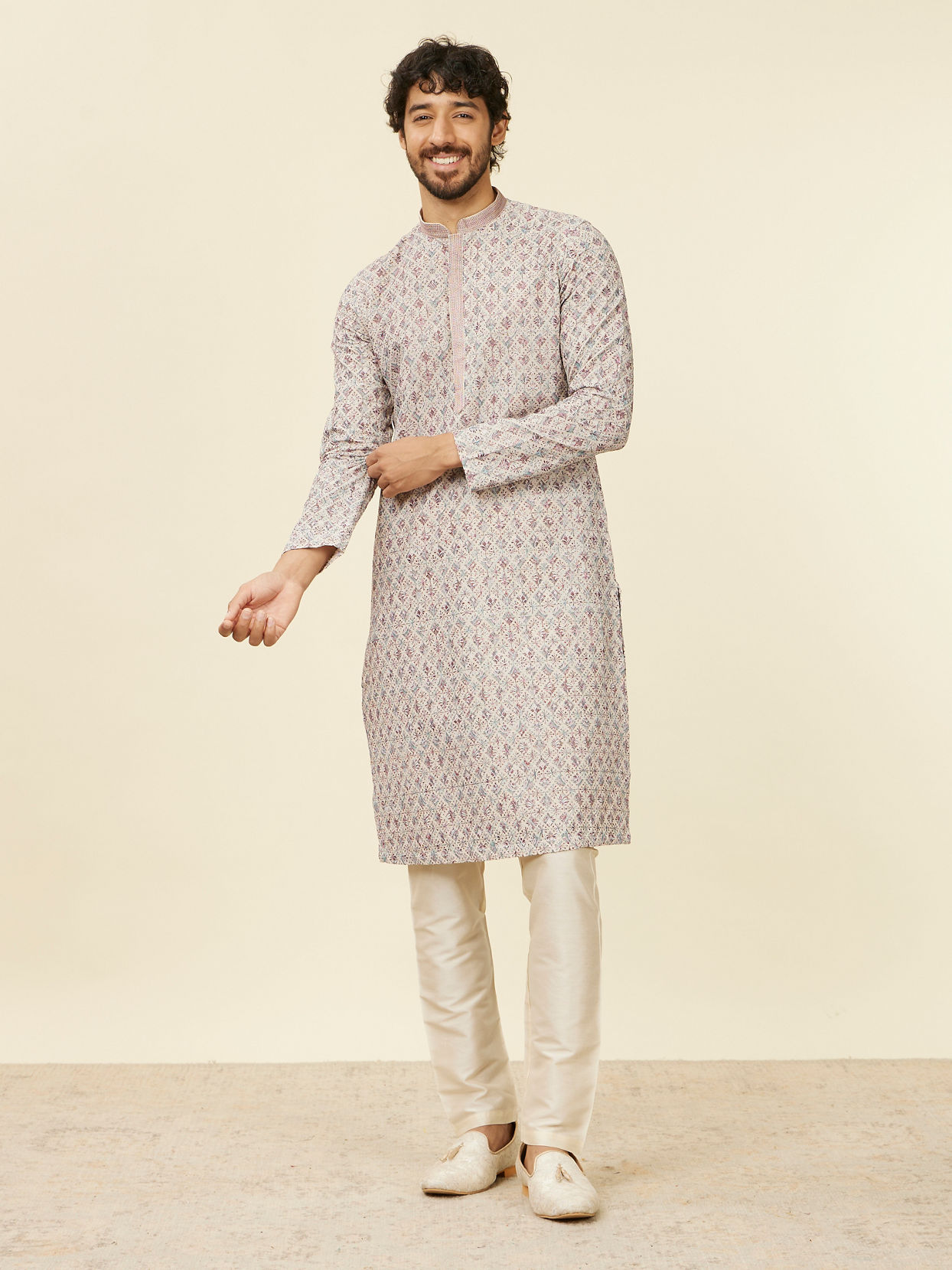 alt message - Manyavar Men Beige Pink Chikankari Kurta Set image number 2