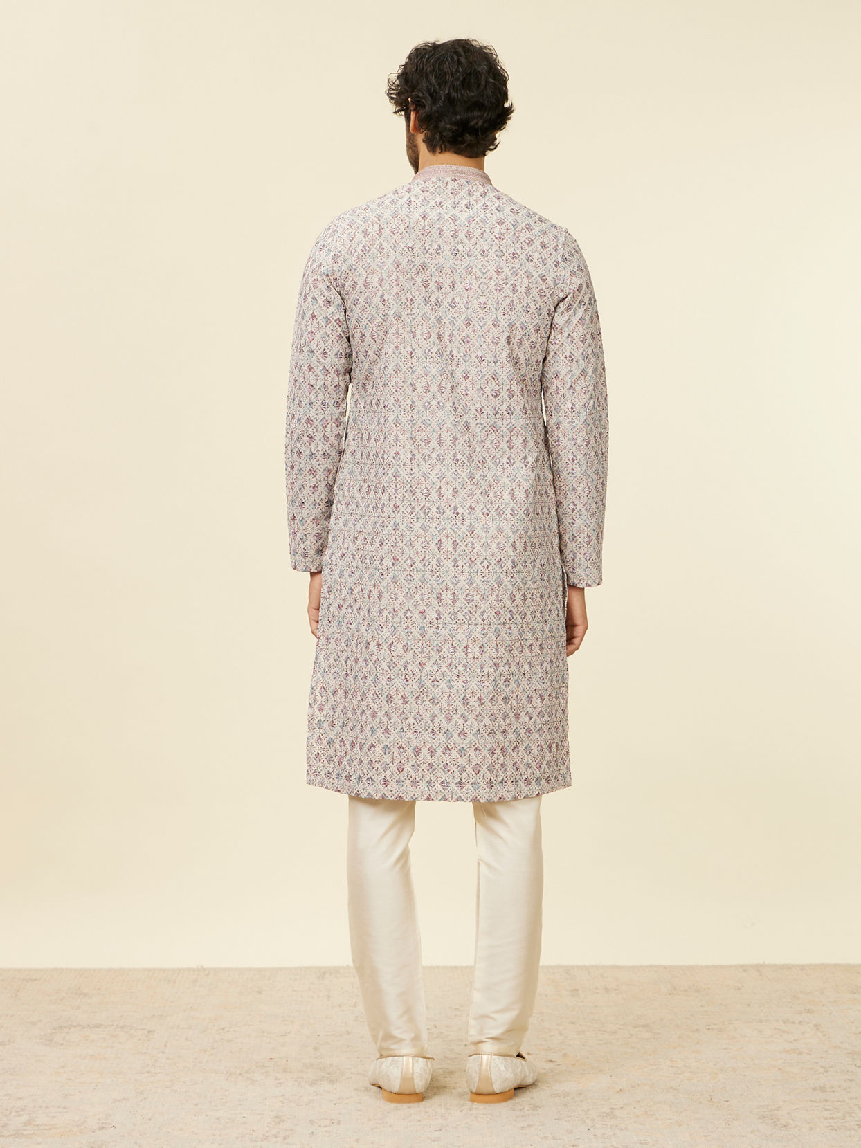 Manyavar Men Beige Pink Chikankari Kurta Set