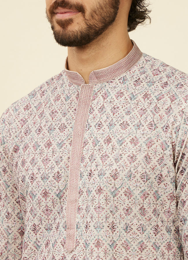 alt message - Manyavar Men Beige Pink Chikankari Kurta Set image number 1