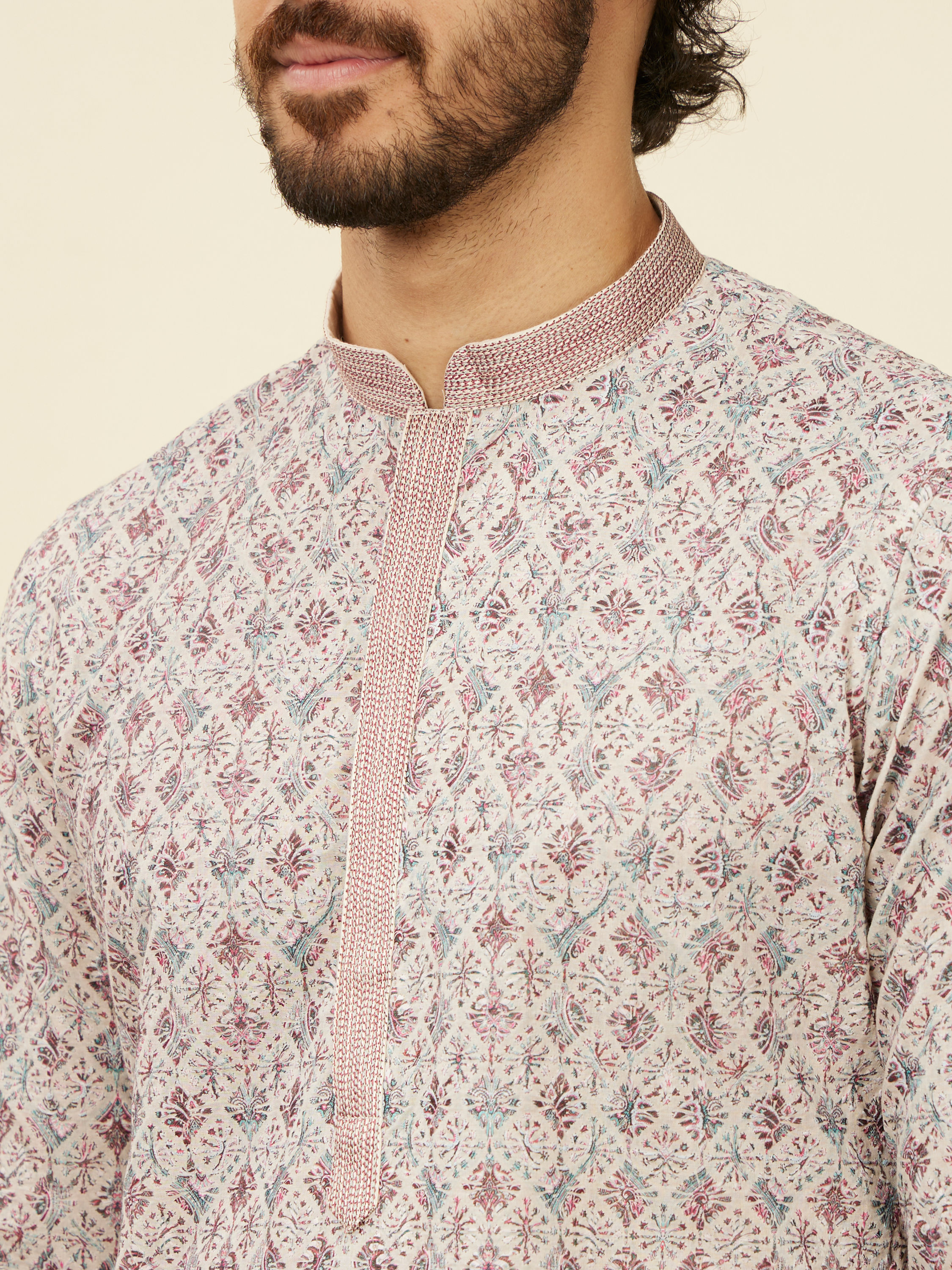 Manyavar Men Beige Pink Chikankari Kurta Set