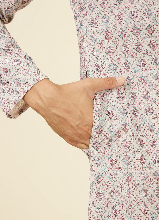 Manyavar Men Beige Pink Chikankari Kurta Set