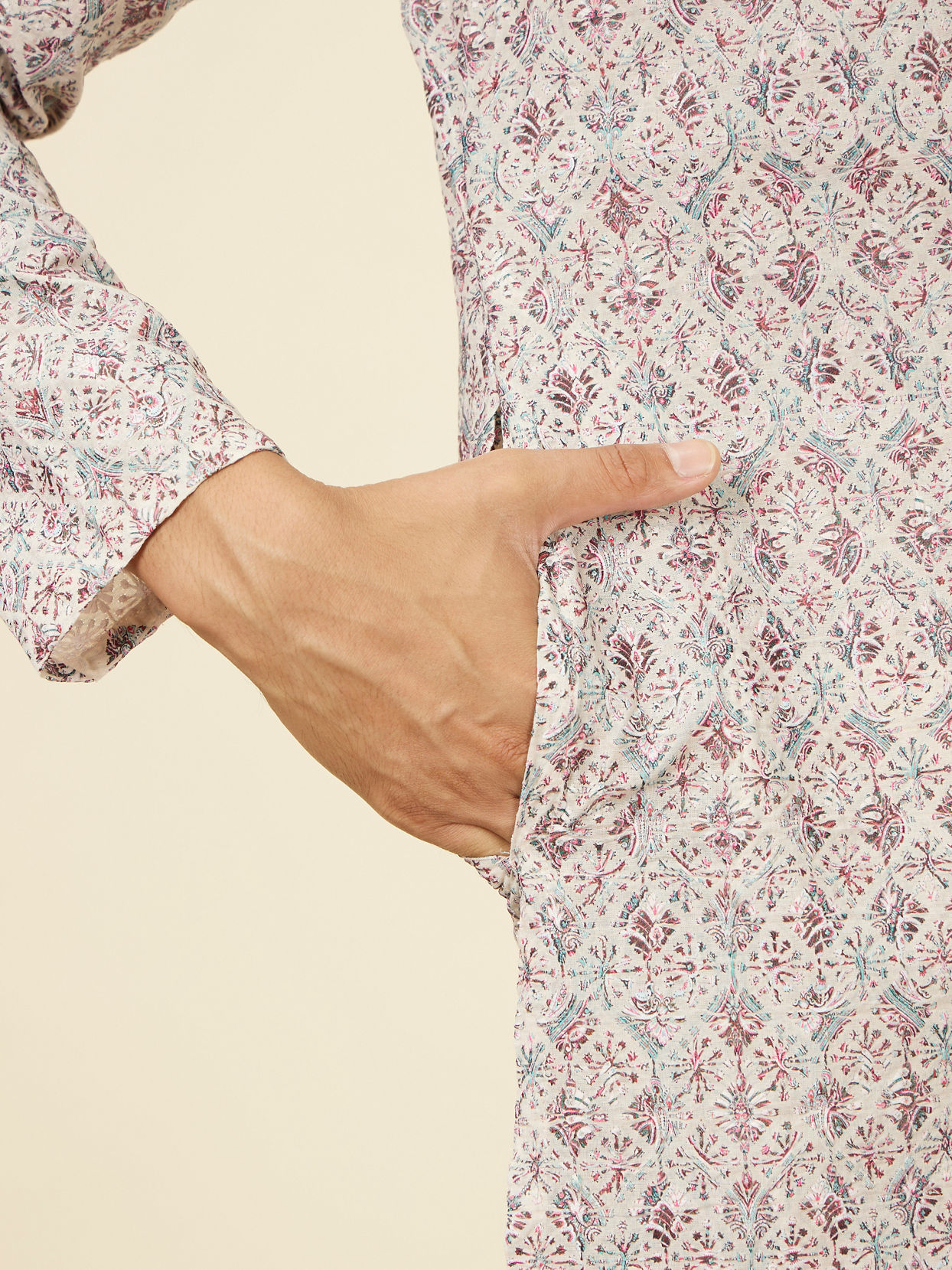 Manyavar Men Beige Pink Chikankari Kurta Set
