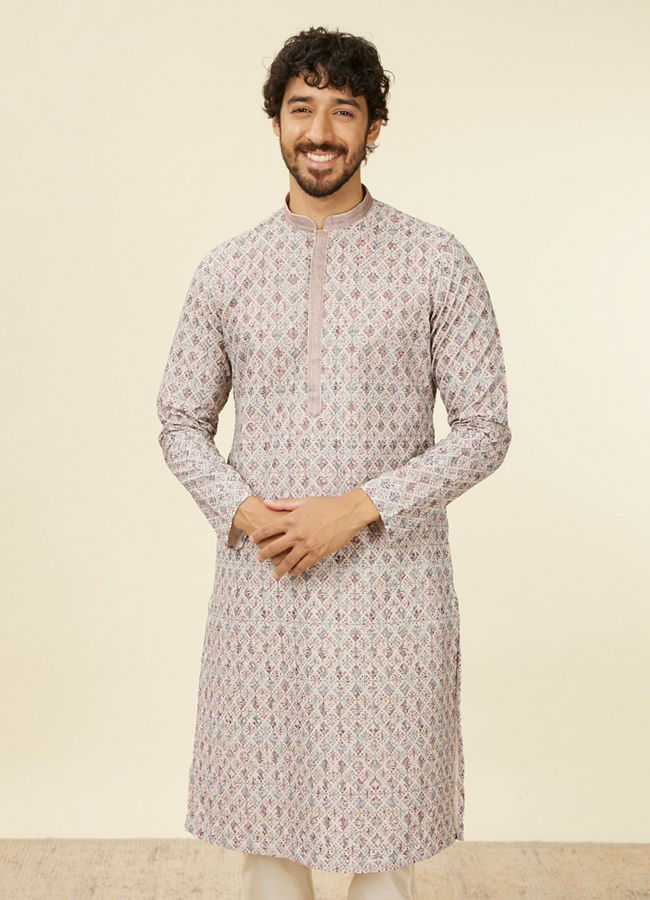 alt message - Manyavar Men Beige Pink Chikankari Kurta Set image number 0