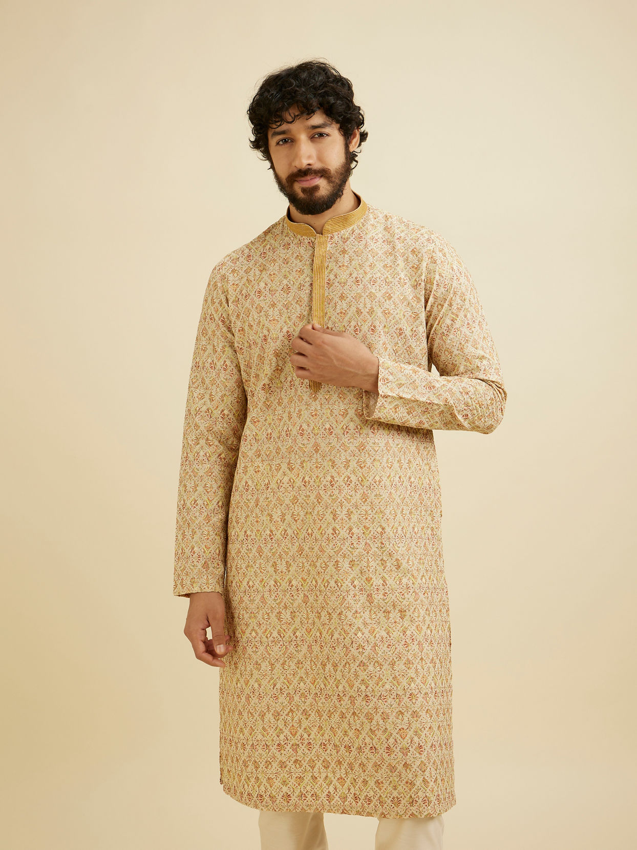 Manyavar Men Fawn Chikankari Kurta Set image number 0