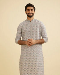 Manyavar Men Dolphin Grey Chikankari Kurta Set