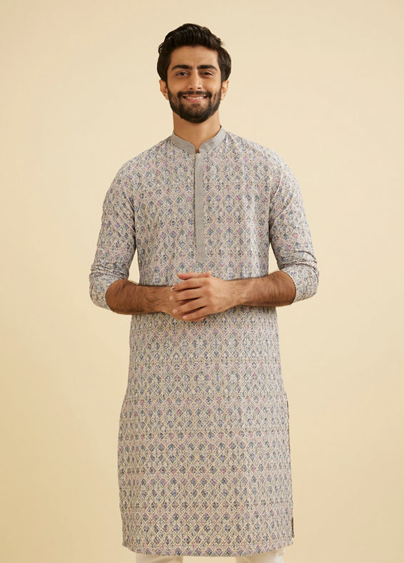 Manyavar Men Dolphin Grey Chikankari Kurta Set