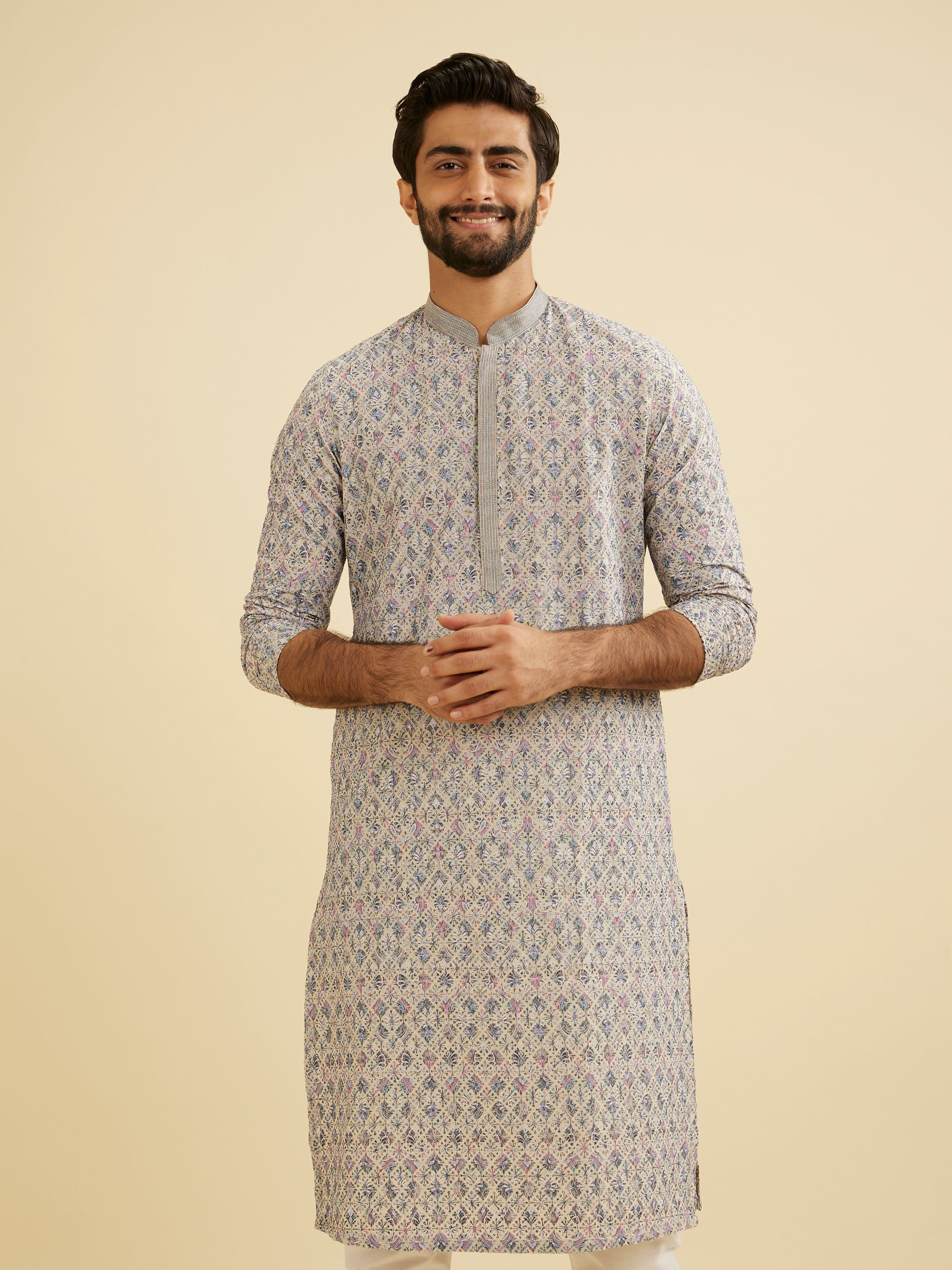 Manyavar Men Dolphin Grey Chikankari Kurta Set