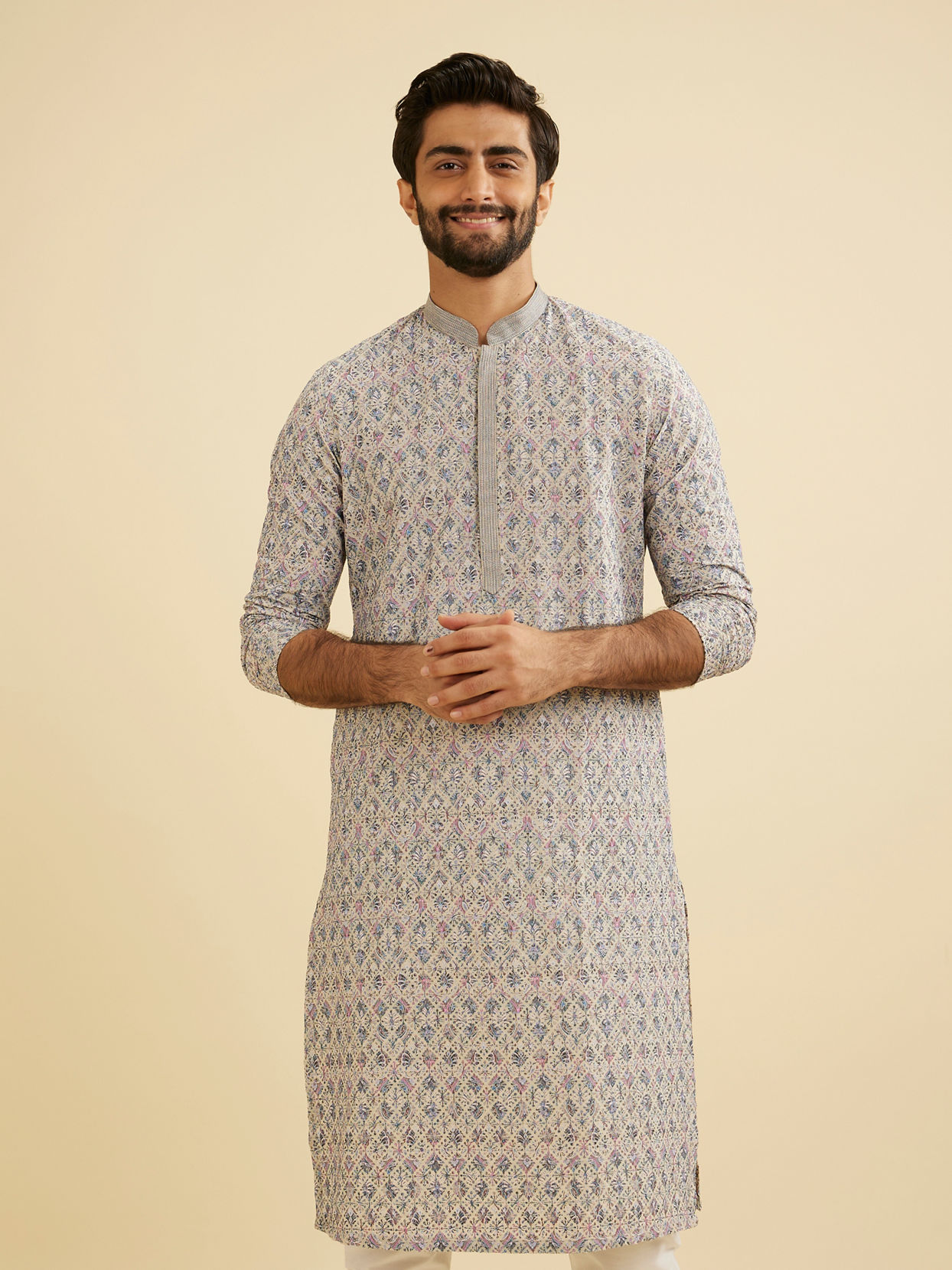 Manyavar Men Dolphin Grey Chikankari Kurta Set