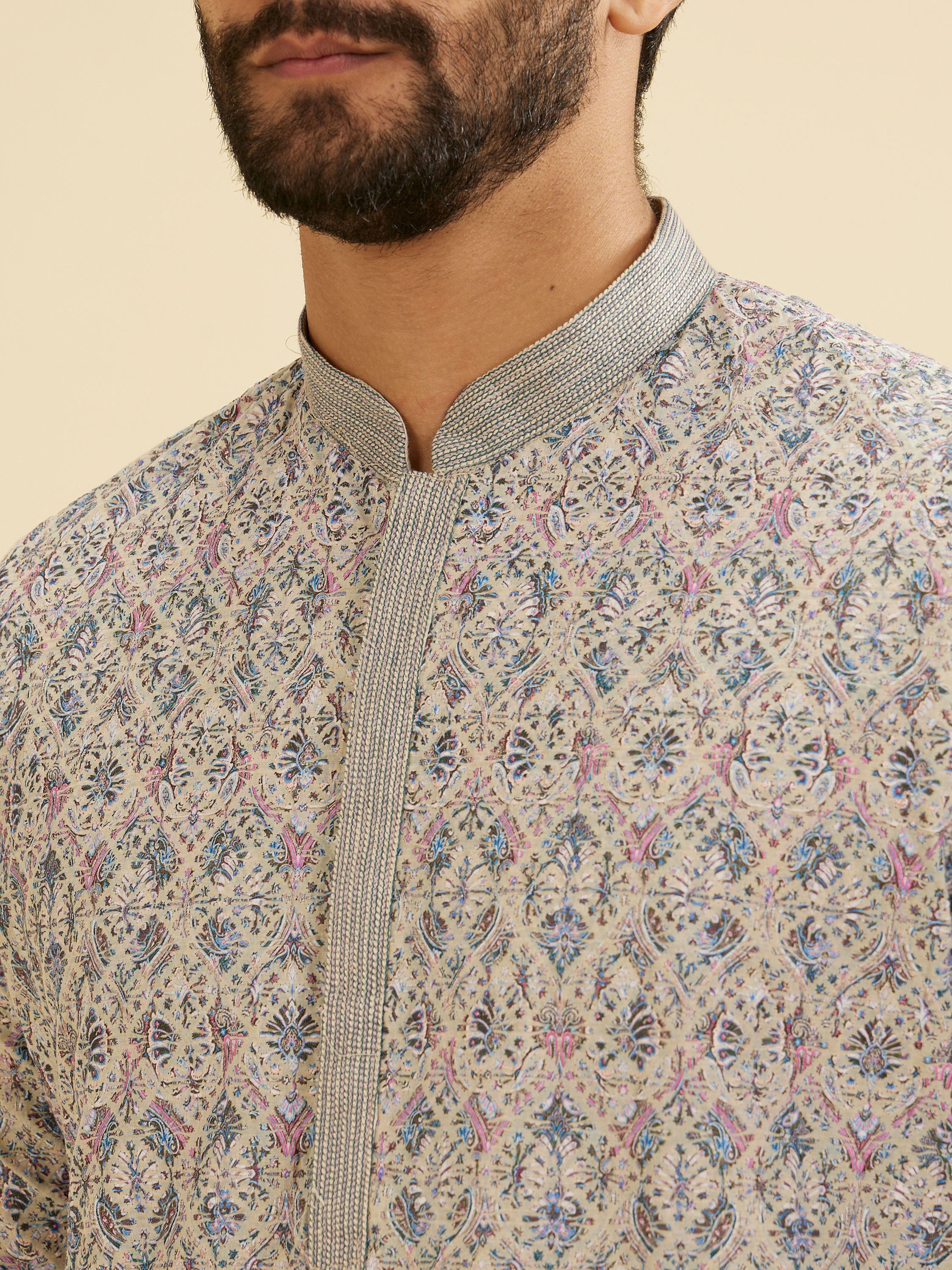 Manyavar Men Dolphin Grey Chikankari Kurta Set