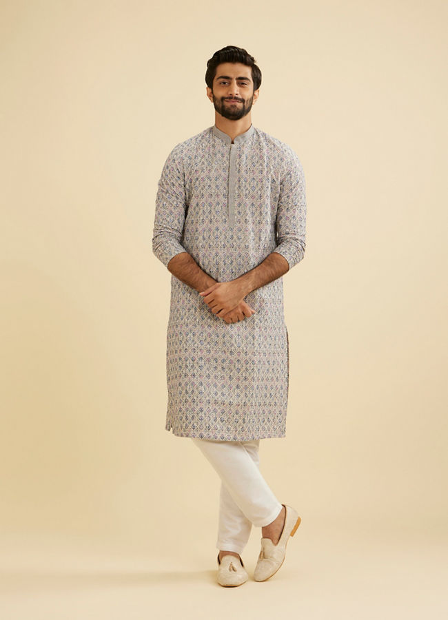 Manyavar Men Dolphin Grey Chikankari Kurta Set