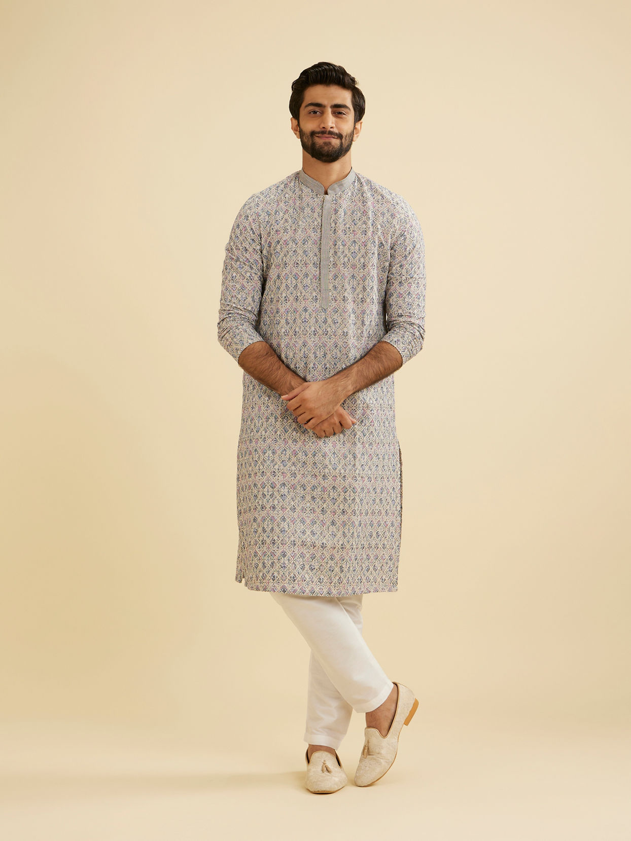Manyavar Men Dolphin Grey Chikankari Kurta Set