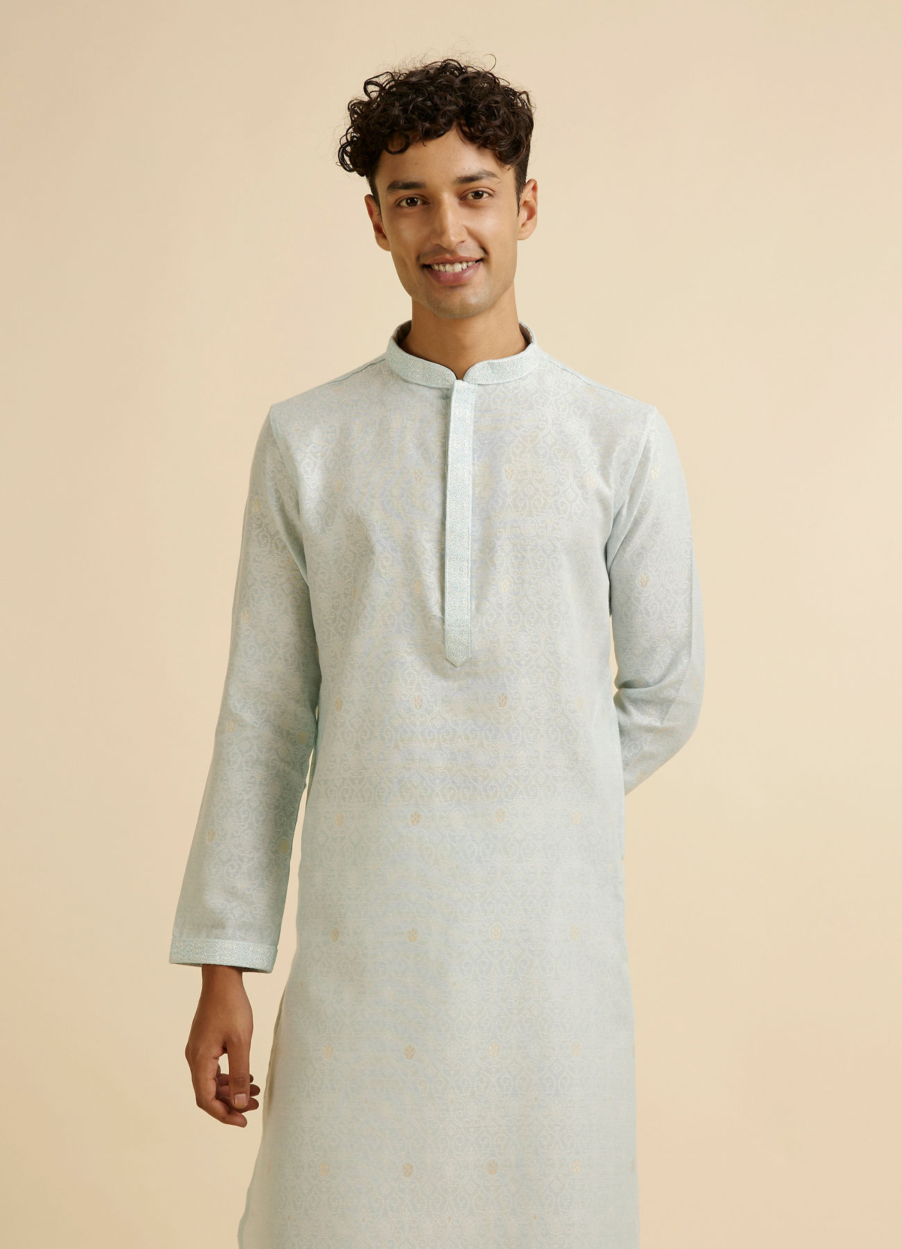 Manyavar Men Light Blue Dotted Print Self Patterned Kurta Set