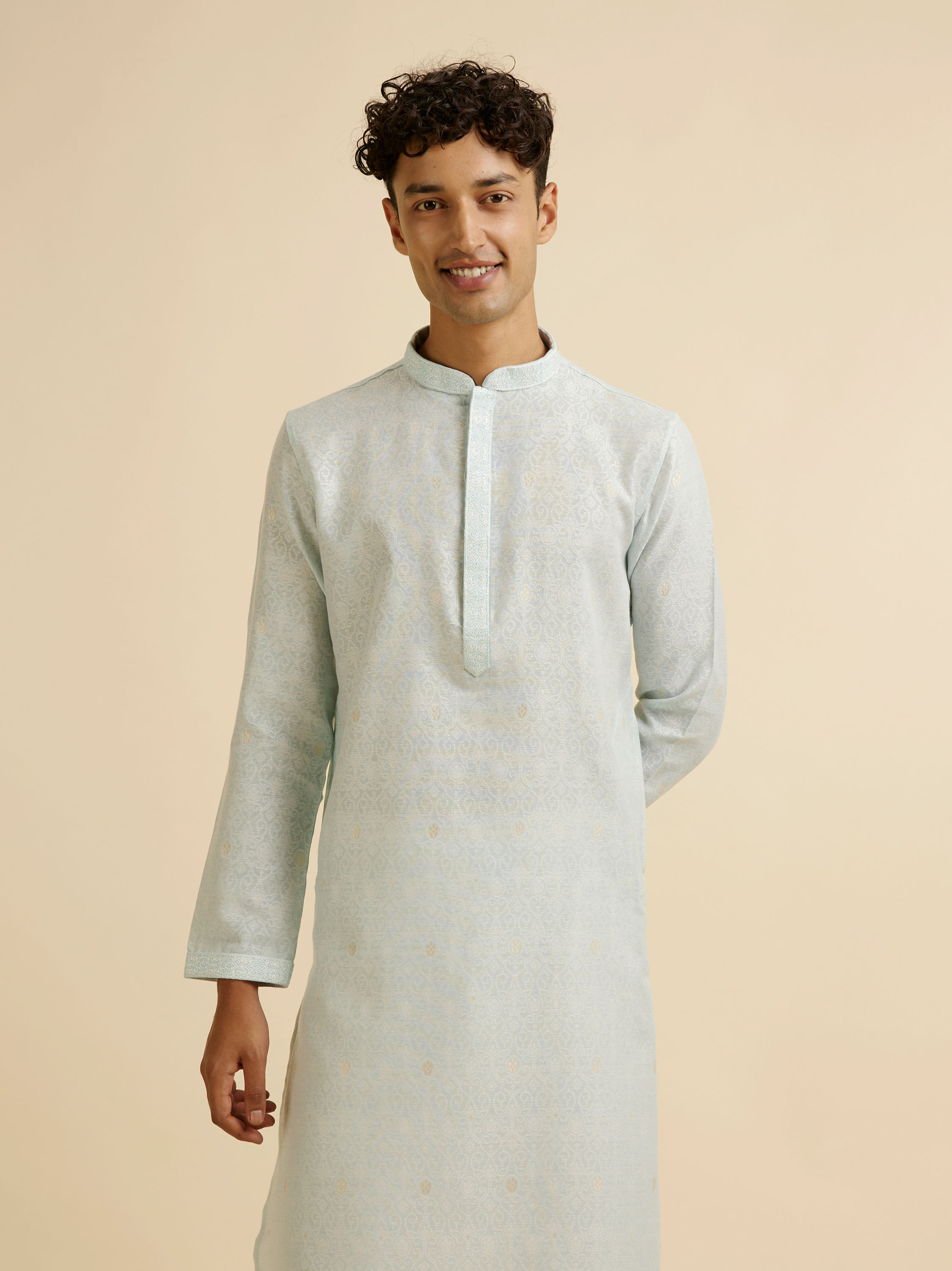 Manyavar Men Light Blue Dotted Print Self Patterned Kurta Set