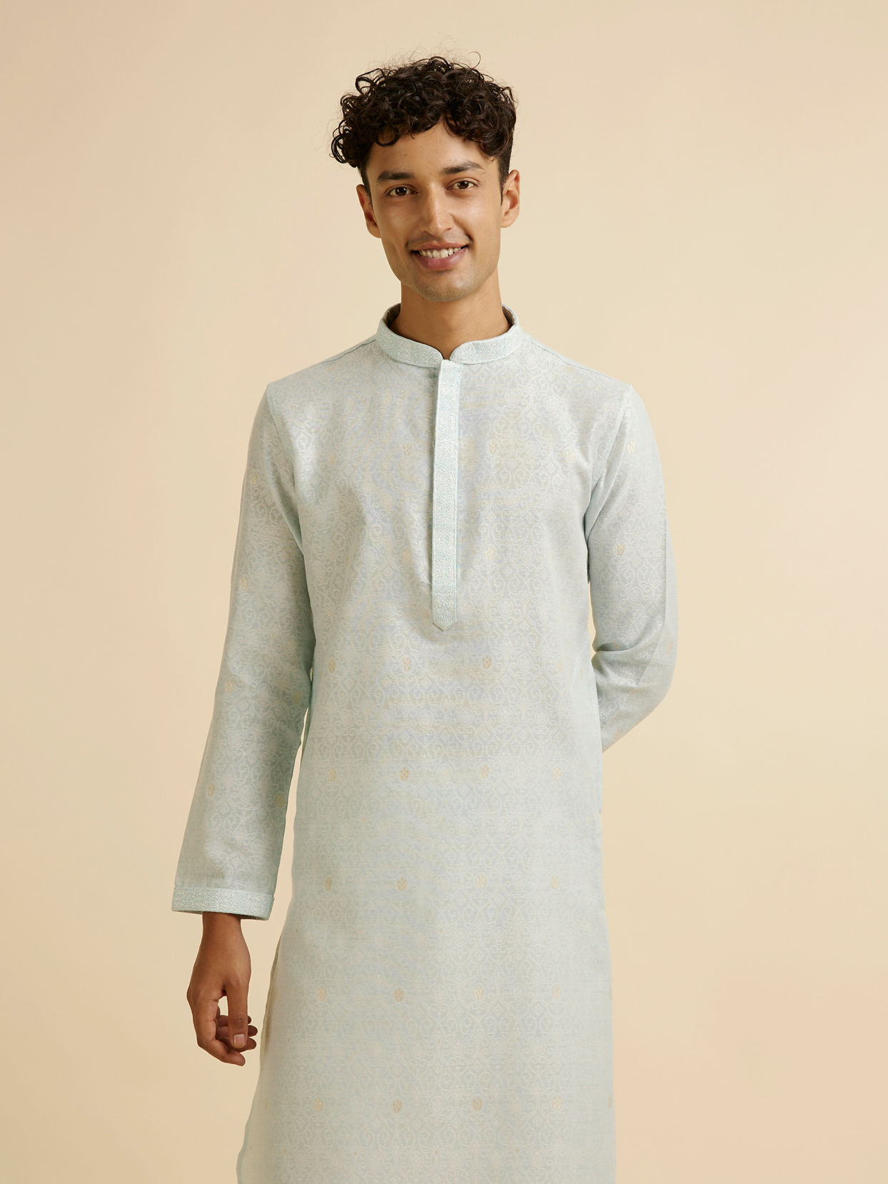 Manyavar Men Light Blue Dotted Print Self Patterned Kurta Set image number 0