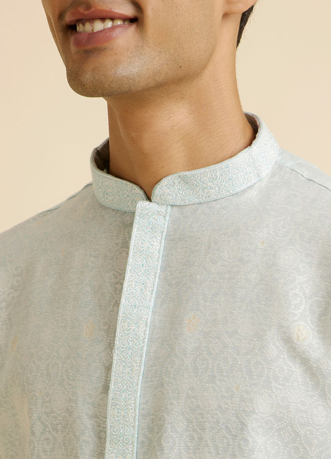 Manyavar Men Light Blue Dotted Print Self Patterned Kurta Set