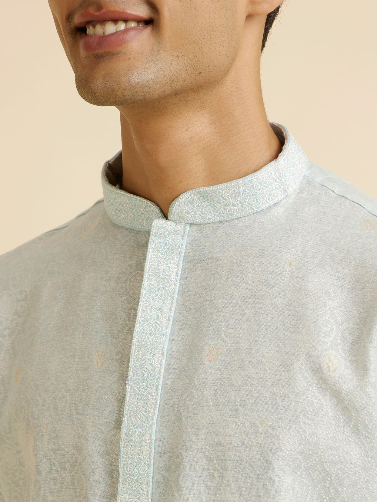 Manyavar Men Light Blue Dotted Print Self Patterned Kurta Set