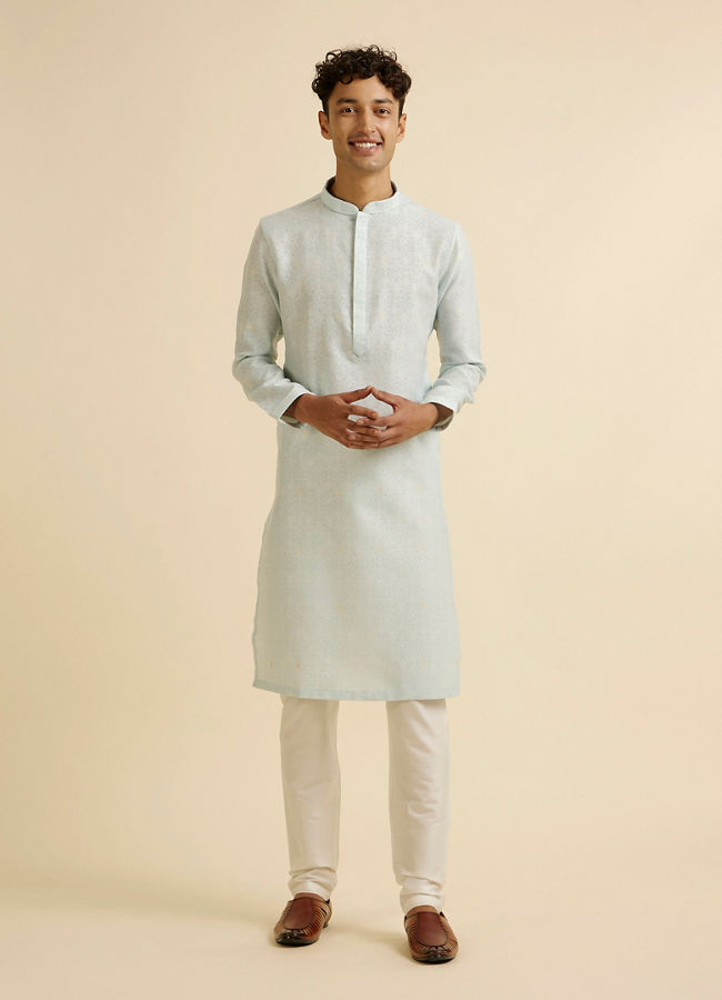 Manyavar Men Light Blue Dotted Print Self Patterned Kurta Set