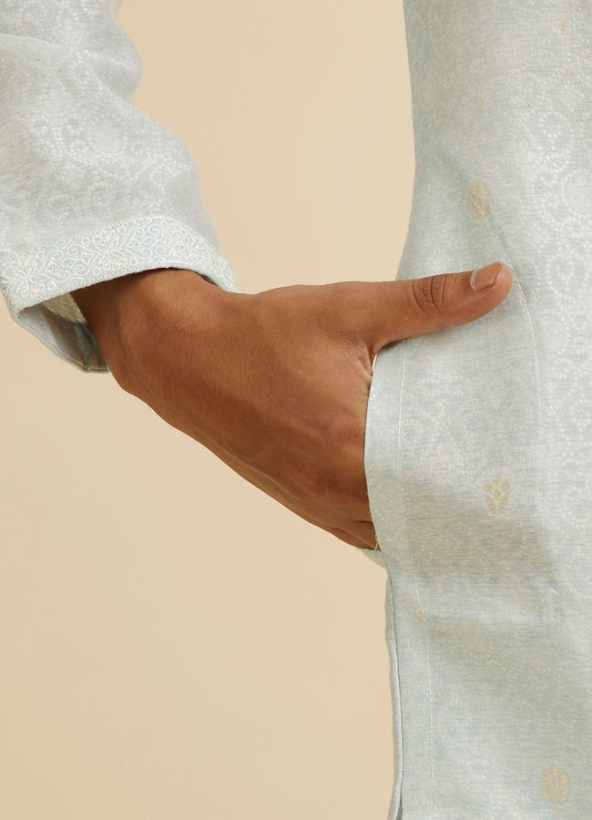 Manyavar Men Light Blue Dotted Print Self Patterned Kurta Set